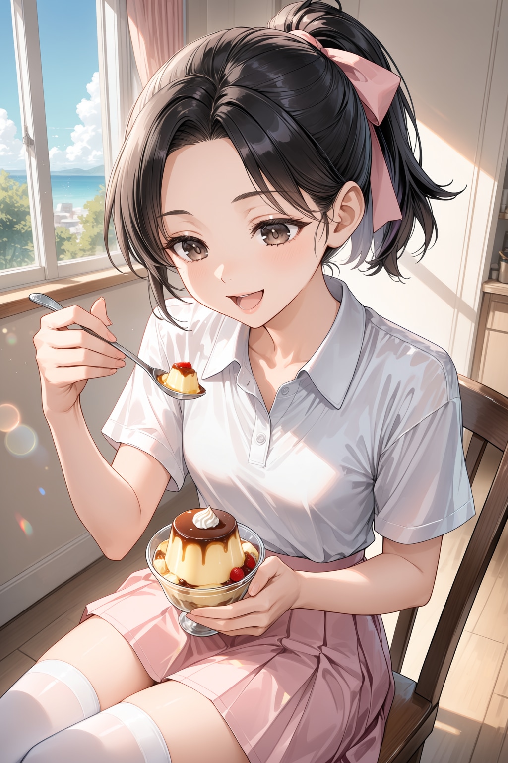プリンを食べる桃花