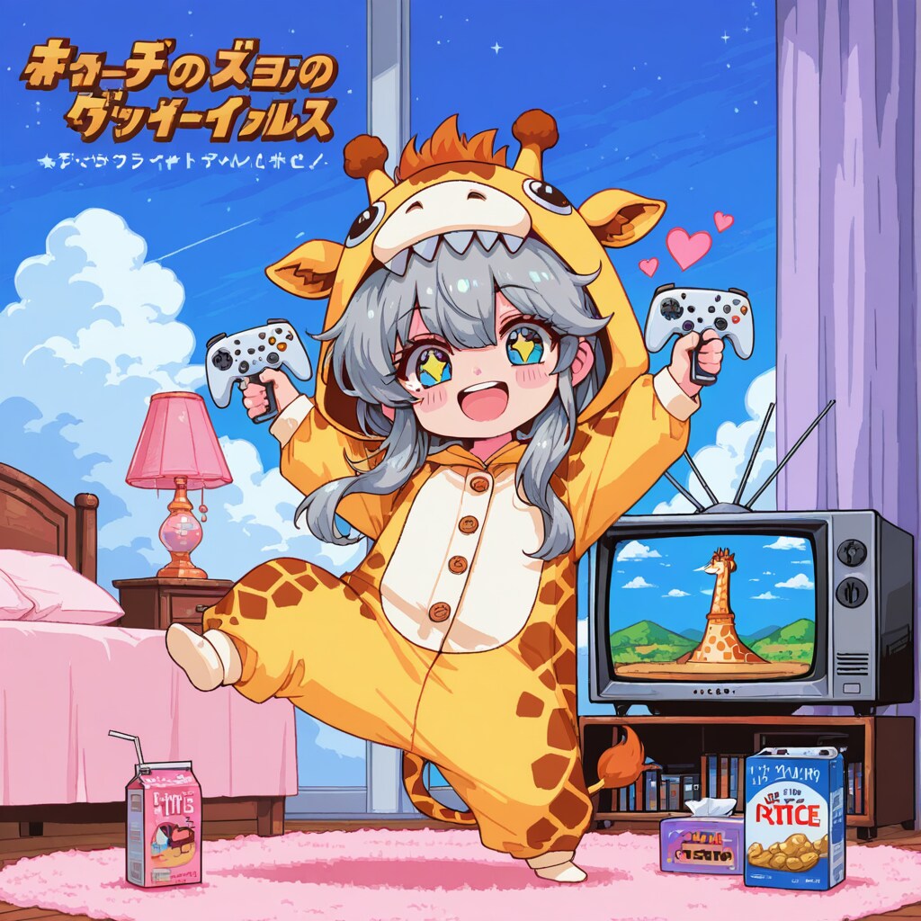 レトロゲームで遊ぶキリン着ぐるみちび子ちゃん
