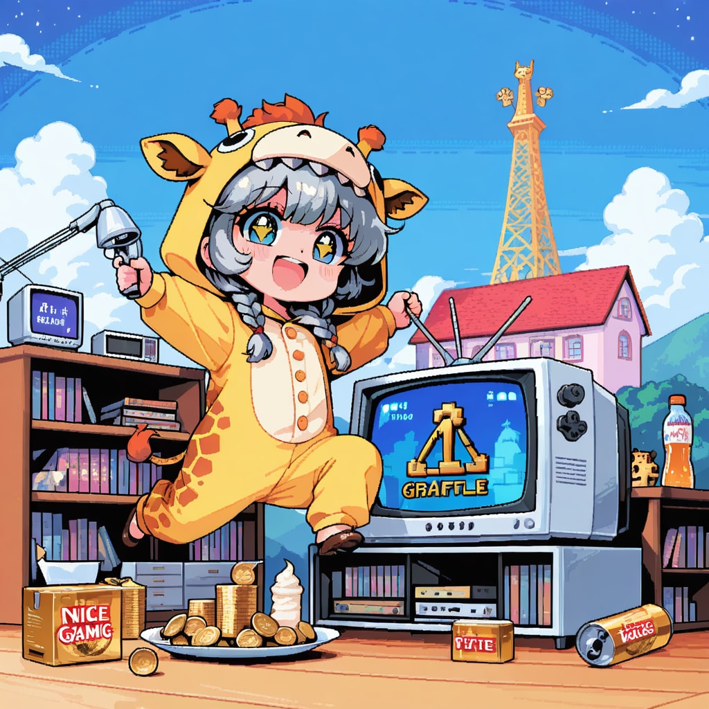 レトロゲームで遊ぶキリン着ぐるみちび子ちゃん