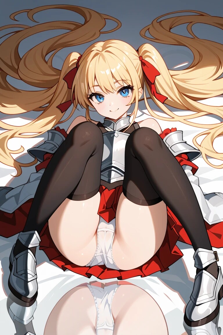 騎士の金髪ツインテ莉奈の脚広げポーズ♡ 白パンツ丸見え💦😩