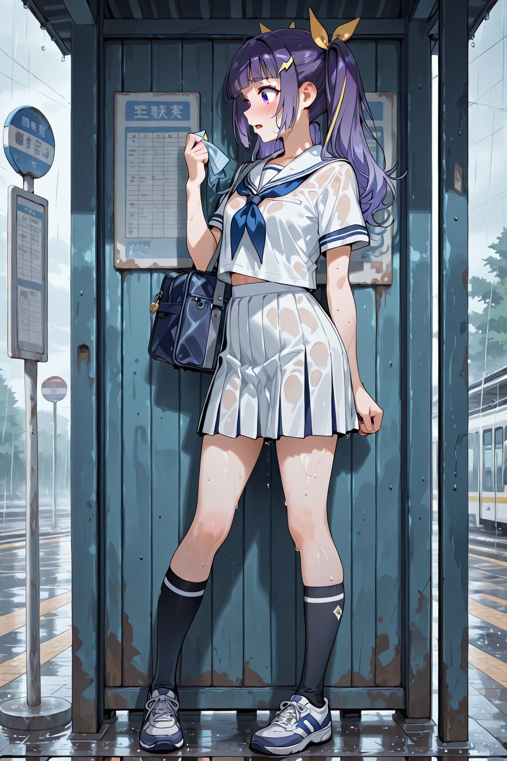 バス停で雨宿り