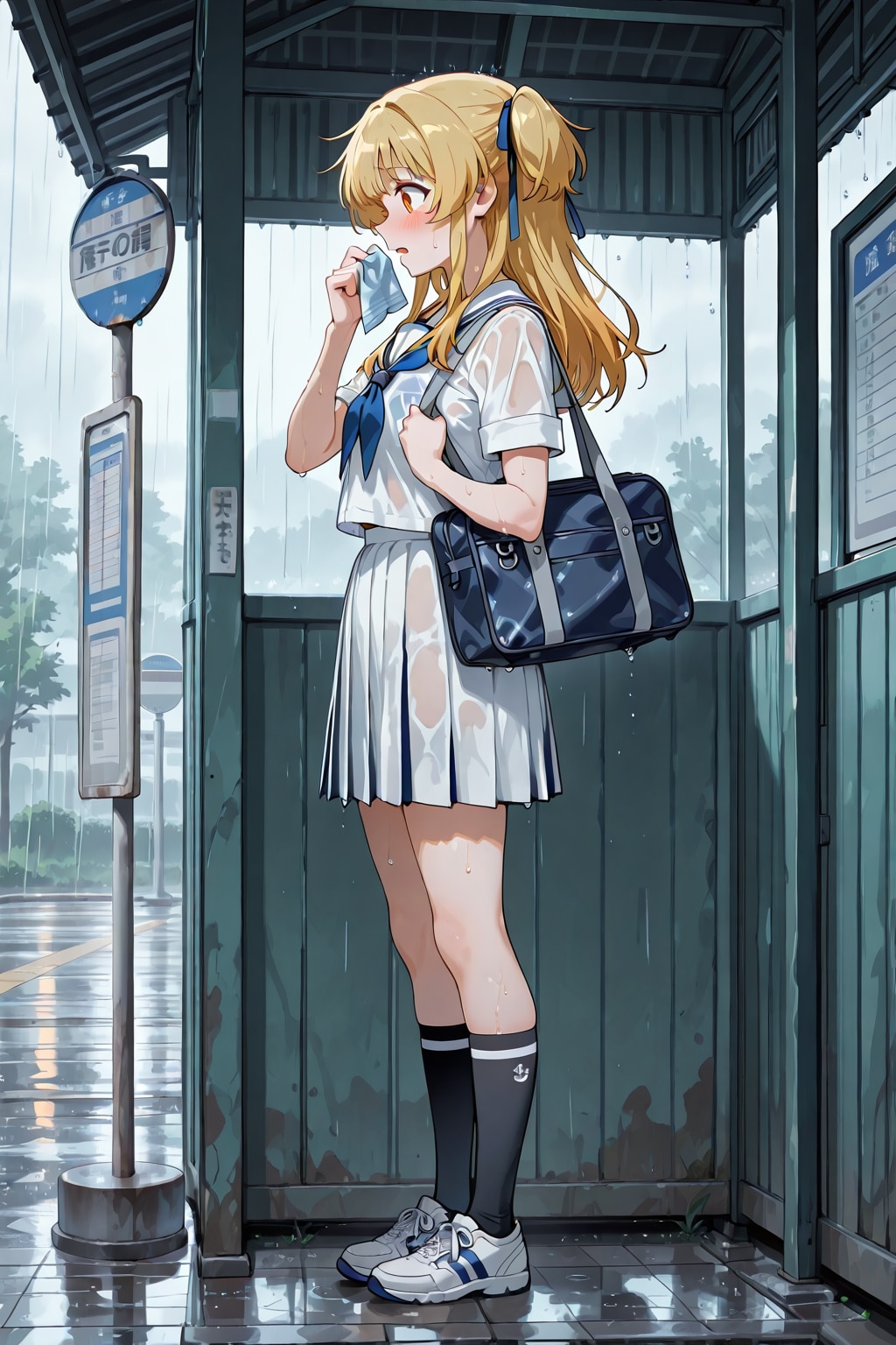 バス停で雨宿り