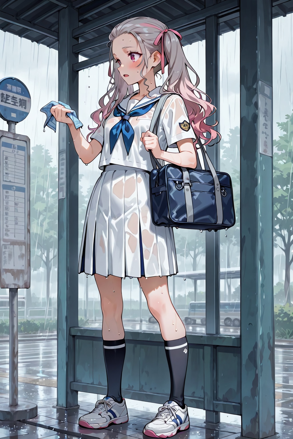 バス停で雨宿り
