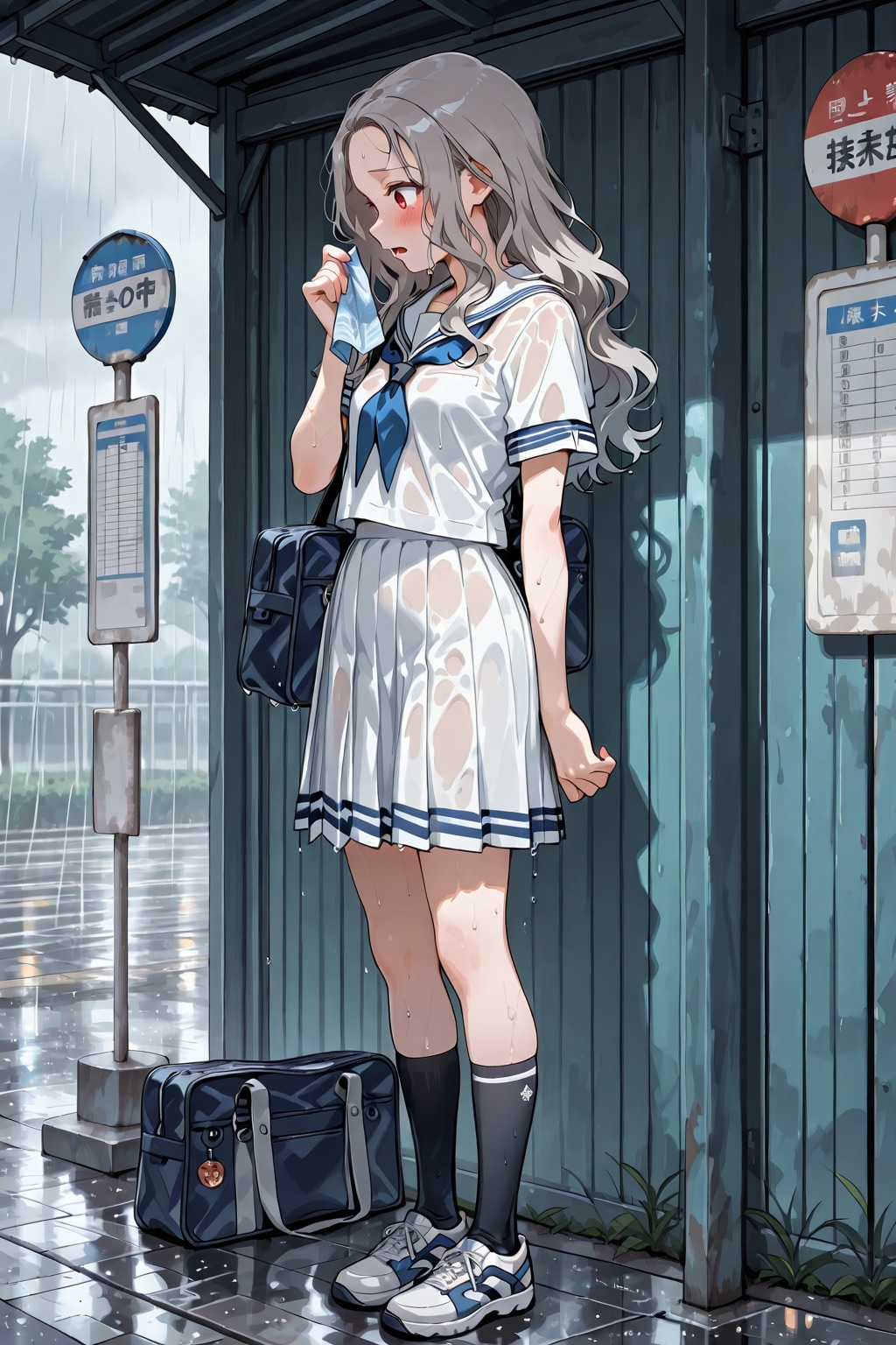 バス停で雨宿り