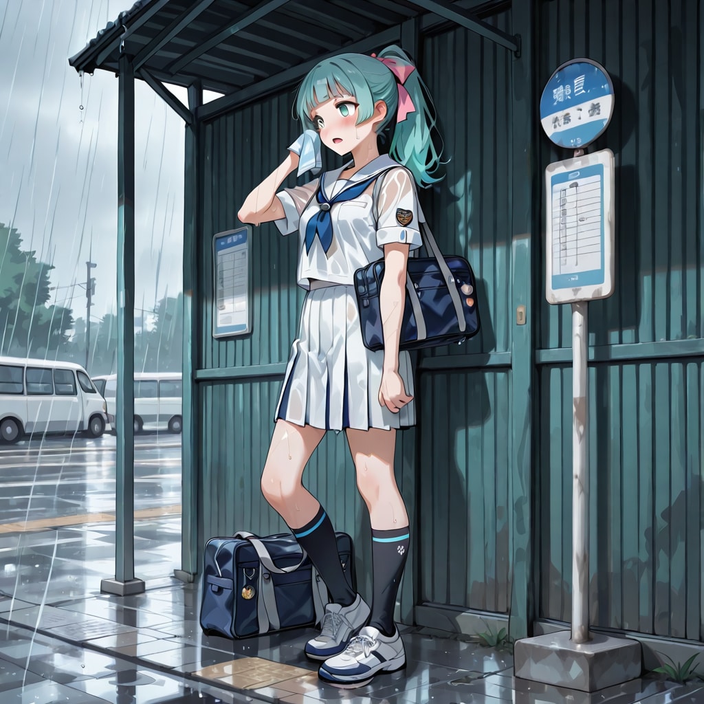 バス停で雨宿り