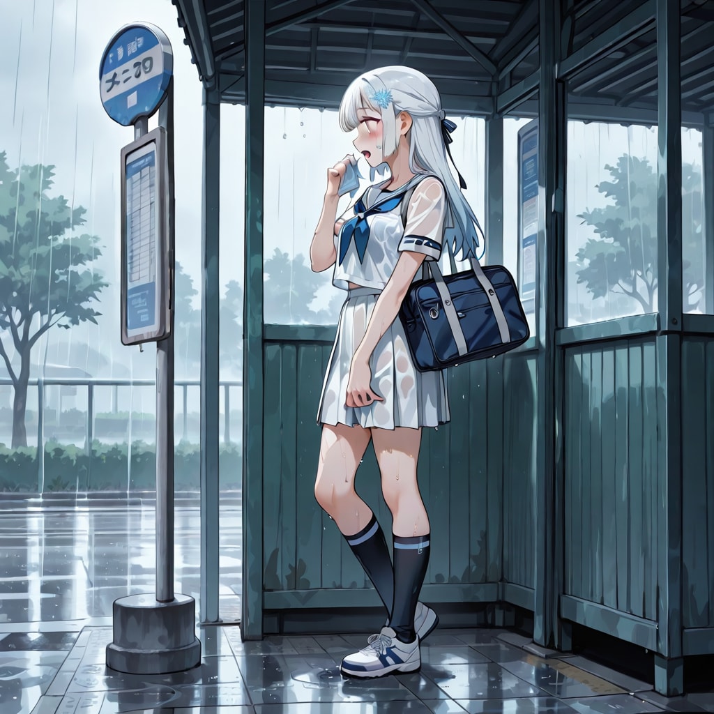 バス停で雨宿り