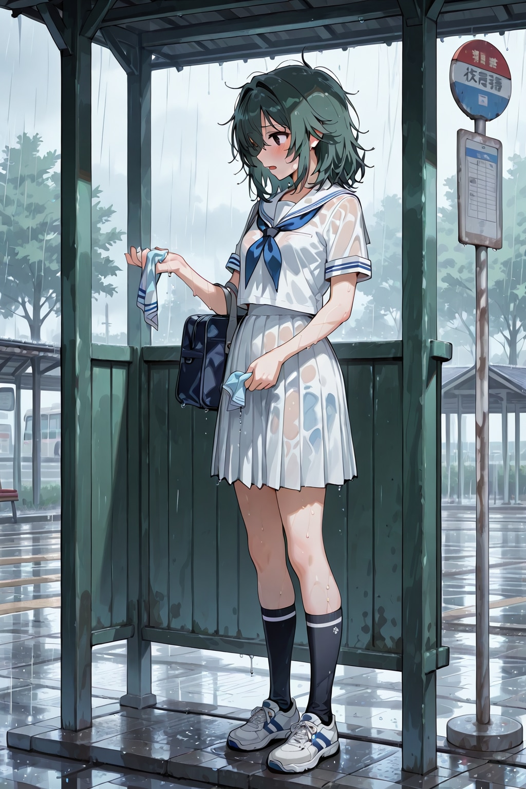 バス停で雨宿り