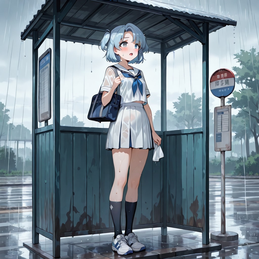 バス停で雨宿り