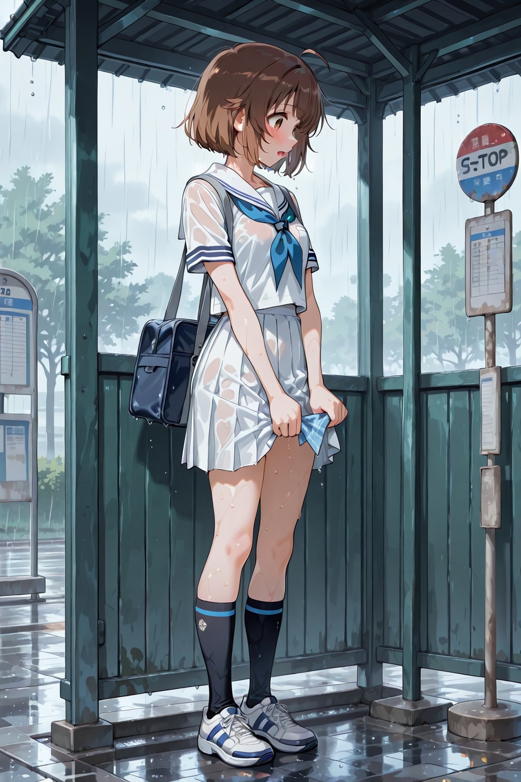 バス停で雨宿り