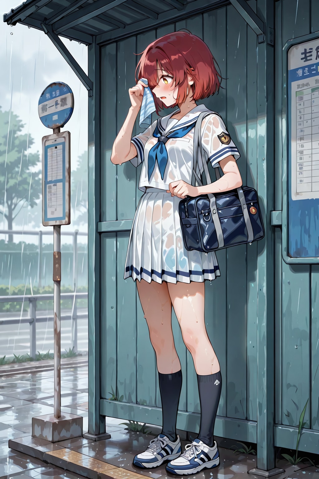 バス停で雨宿り