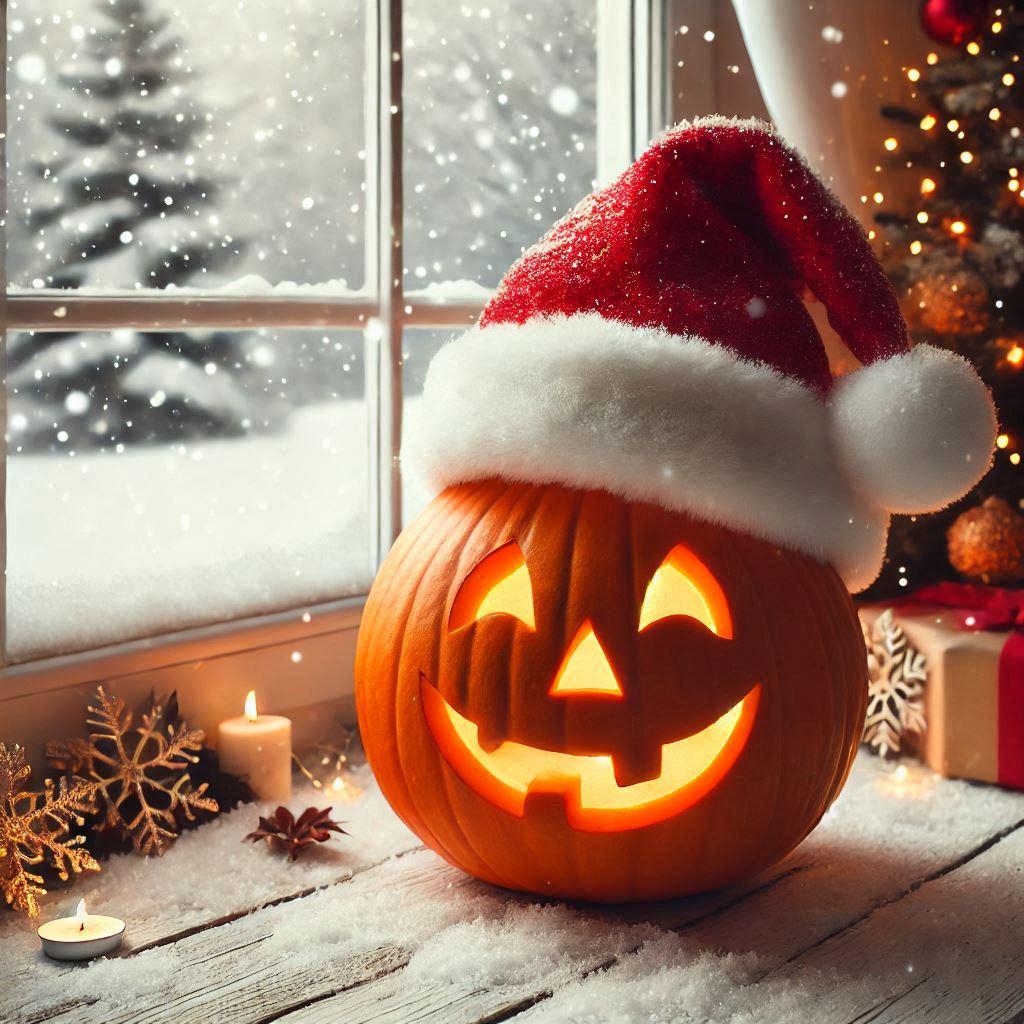 サンタさんの帽子を被ったハロウィンのカボチャ
