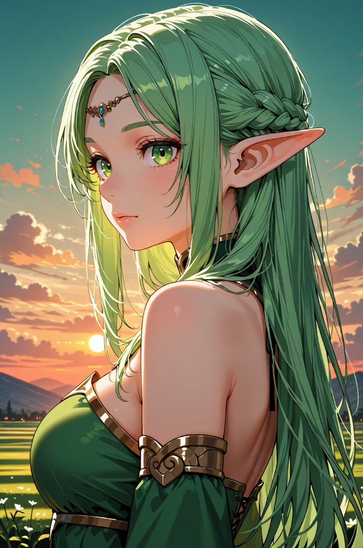 黄昏れる高貴な緑髪エルフ🍏 | の人気AIイラスト・グラビア