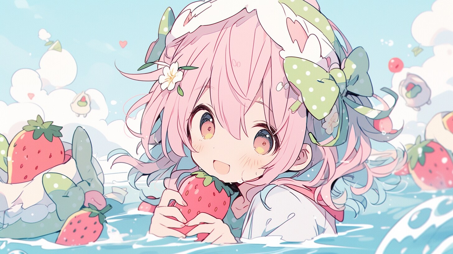 いちごの海で輝くピンクの笑顔
