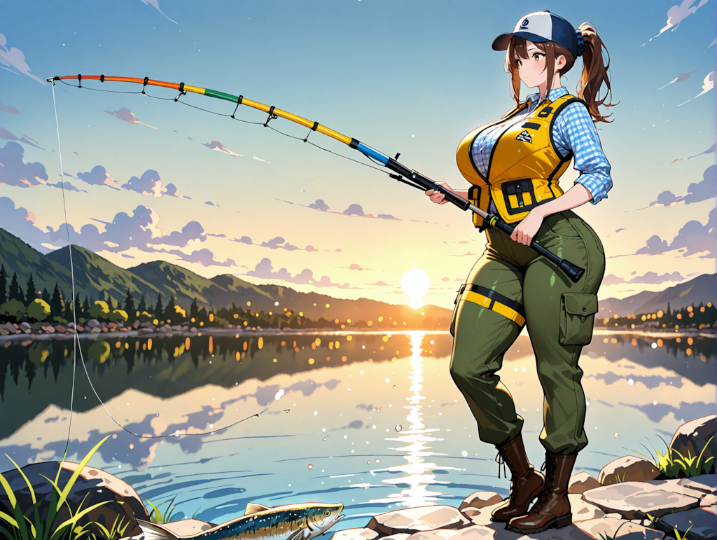 早朝の湖の釣り