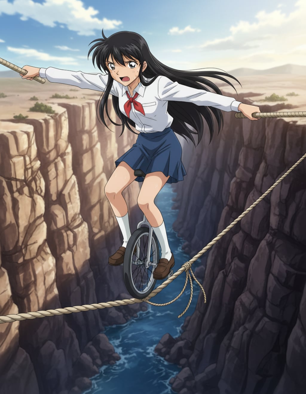 一輪車で綱渡り。