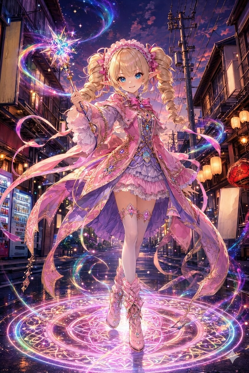 夕暮れの商店街に現れた虹魔法のエルフ少女