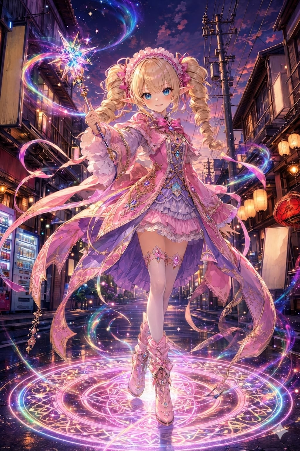 夕暮れの商店街に現れた虹魔法のエルフ少女