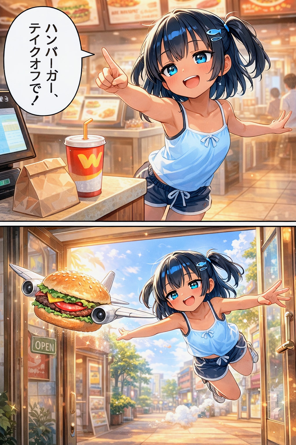 ハンバーガーをテイクオフするこなつちゃん