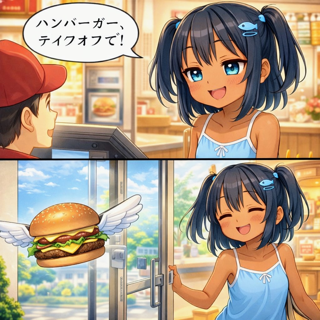 ハンバーガーをテイクオフするこなつちゃん