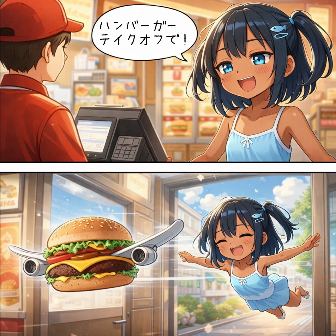 ハンバーガーをテイクオフするこなつちゃん | の人気AIイラスト・グラビア