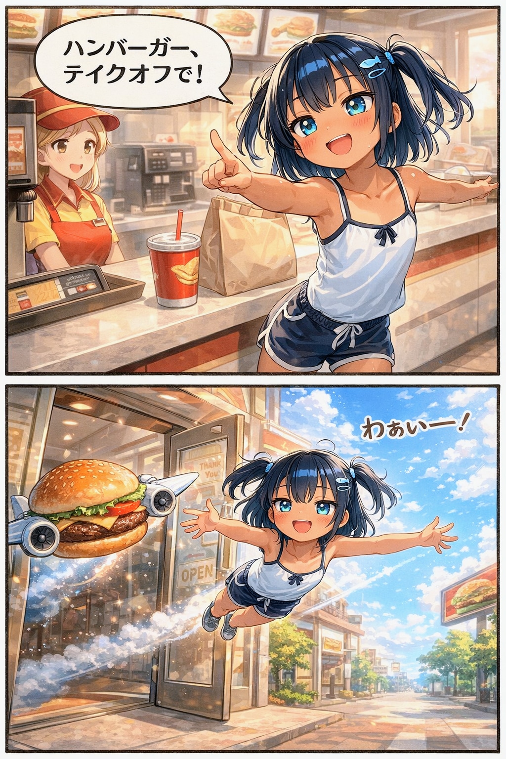 ハンバーガーをテイクオフするこなつちゃん