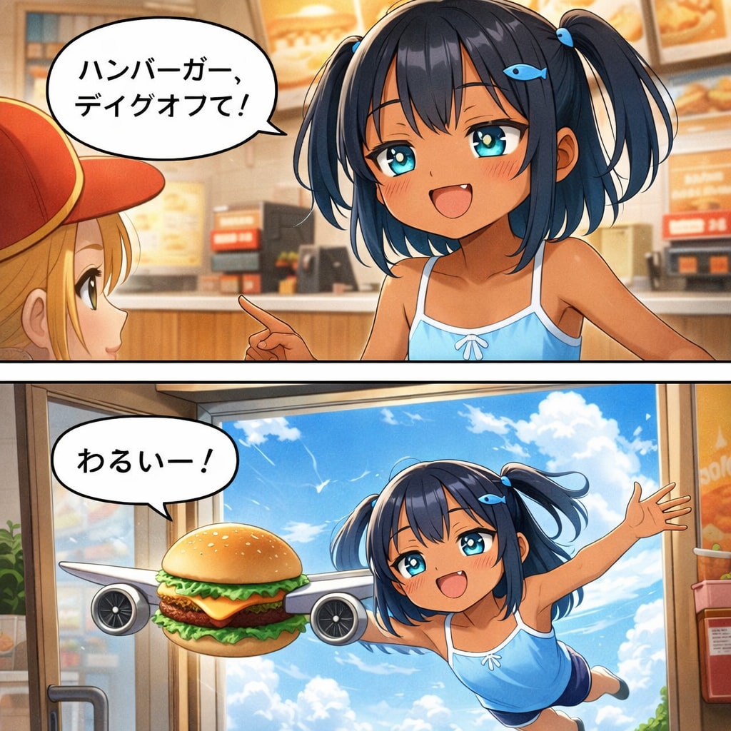 ハンバーガーをテイクオフするこなつちゃん