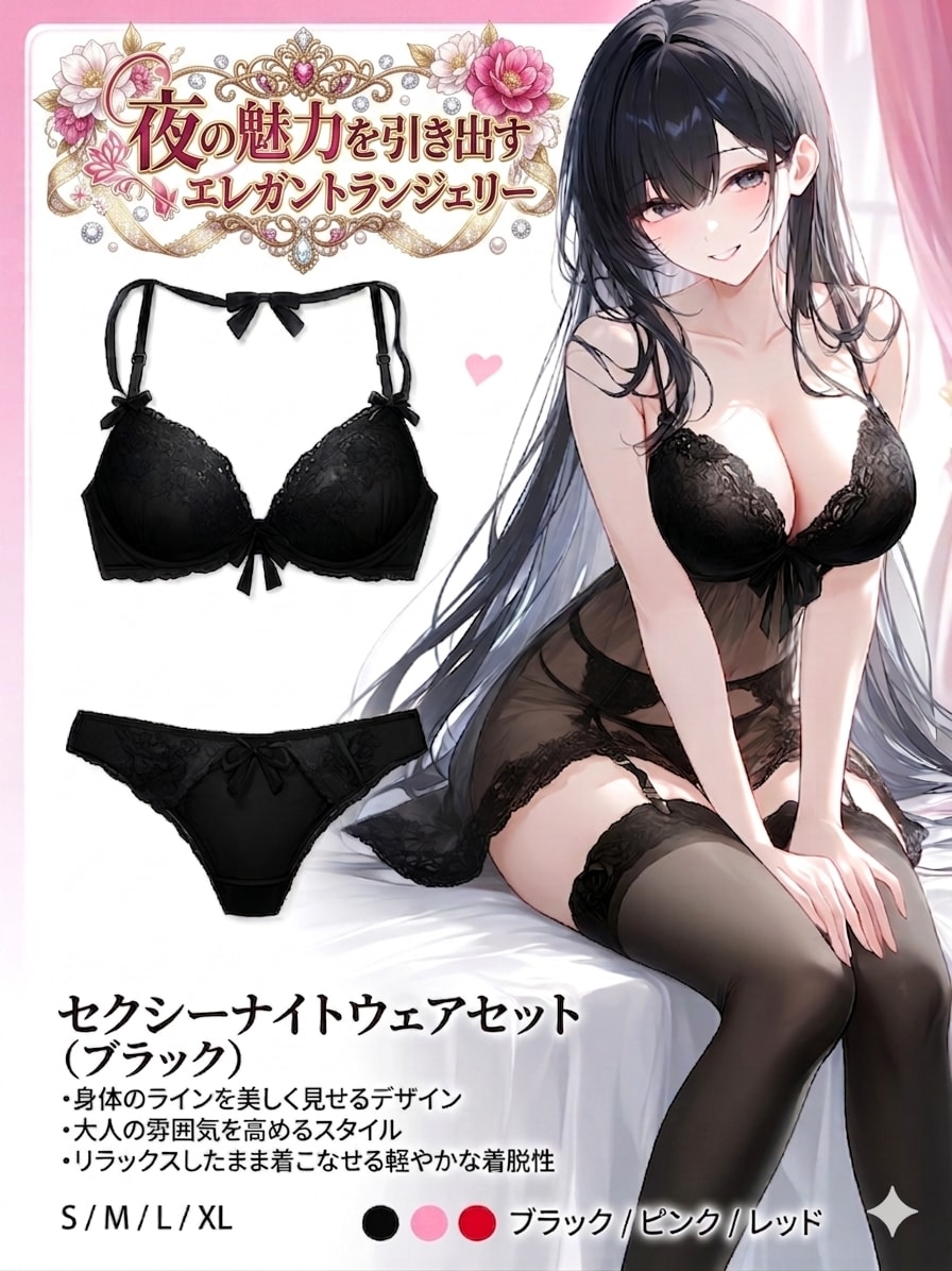 商品広告「セクシーナイトウェアセット（ブラック）」【R-15版】（えっちなおねえさん９０３の１）