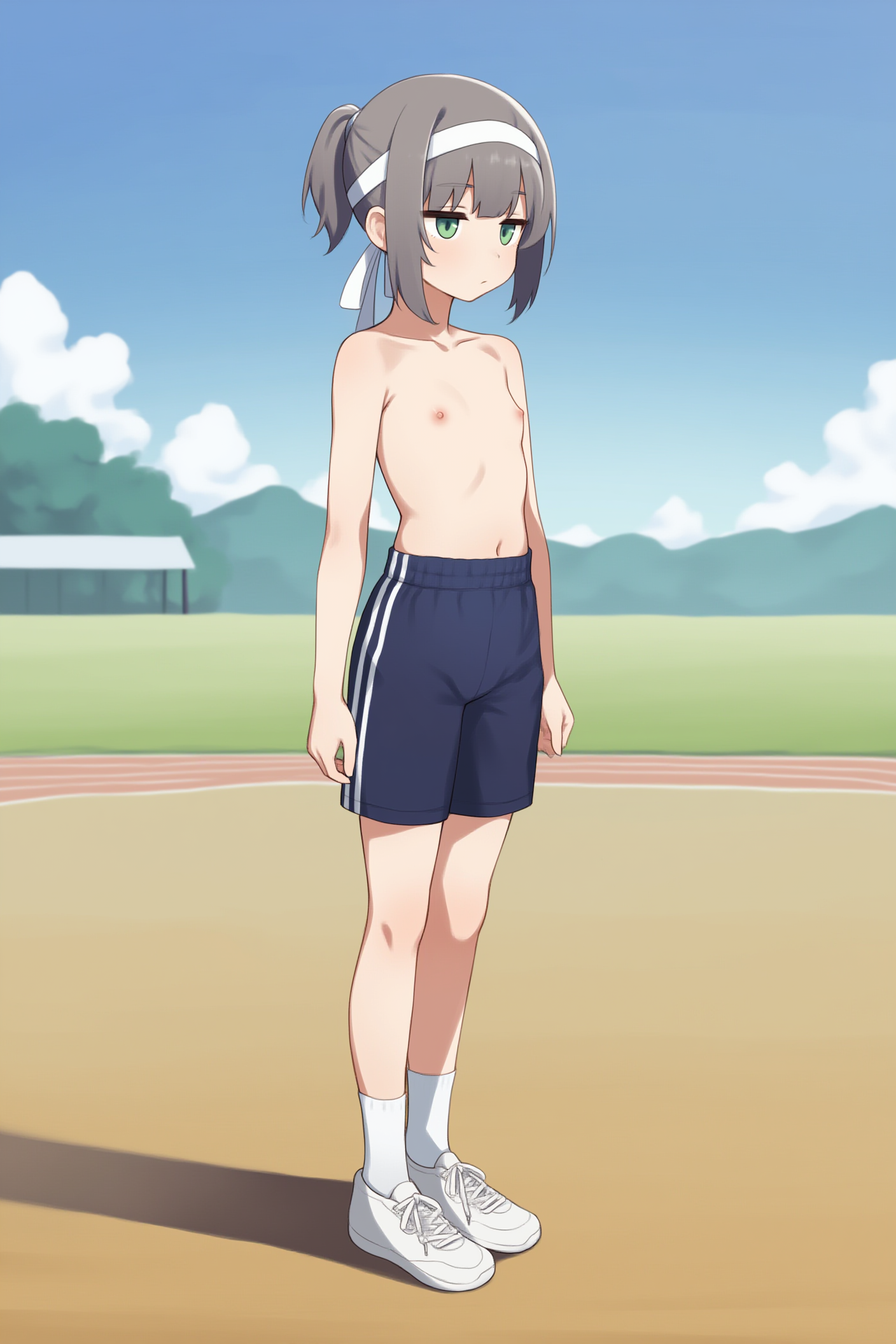 トップレス+ハーフパンツ