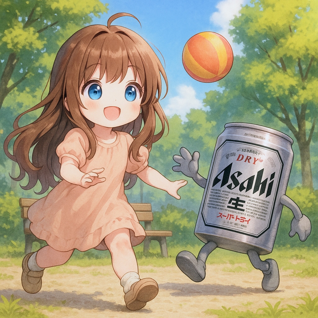 女の子と友だちのビール缶