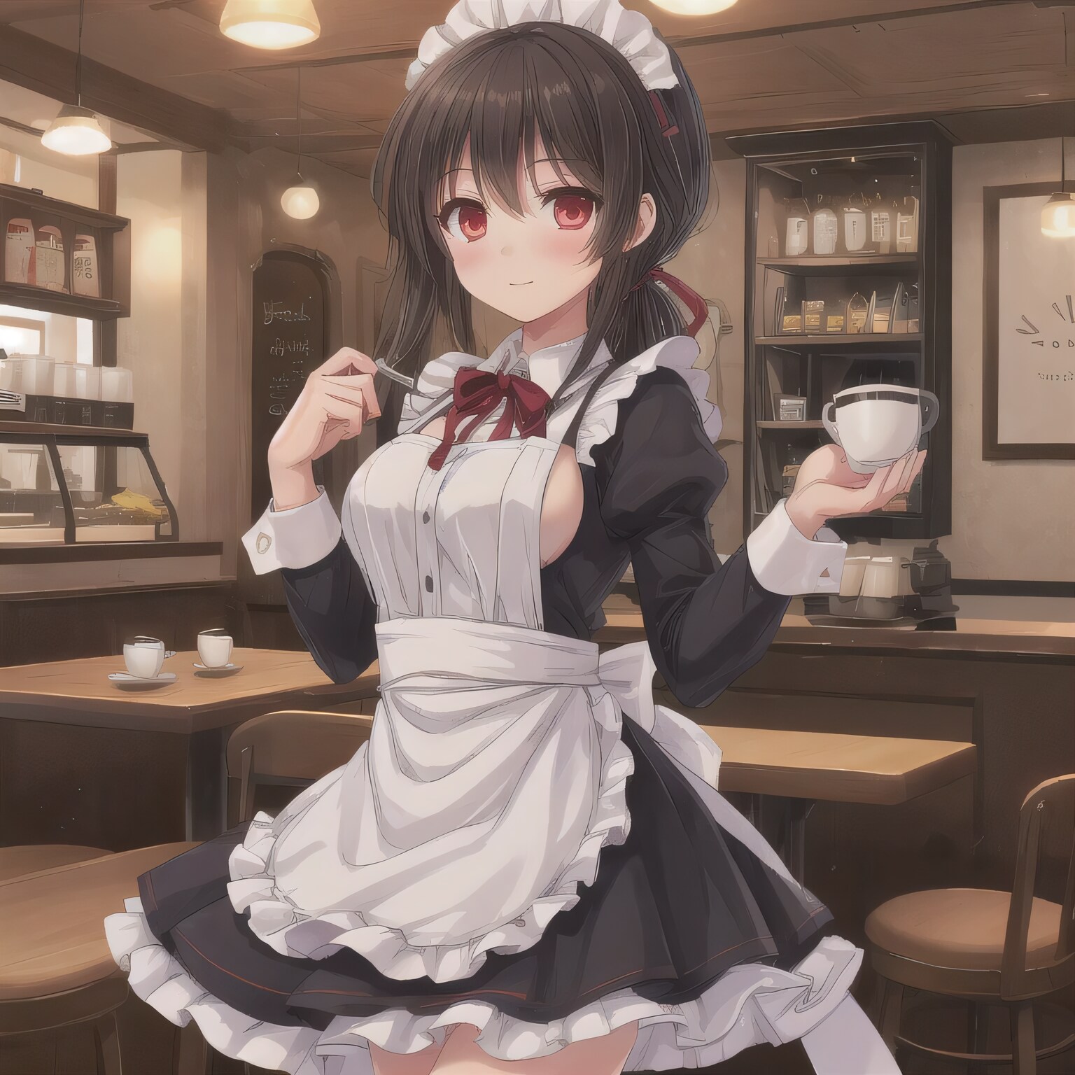 黒髪ロングでメイド服の少女４６ | の人気AIイラスト・グラビア