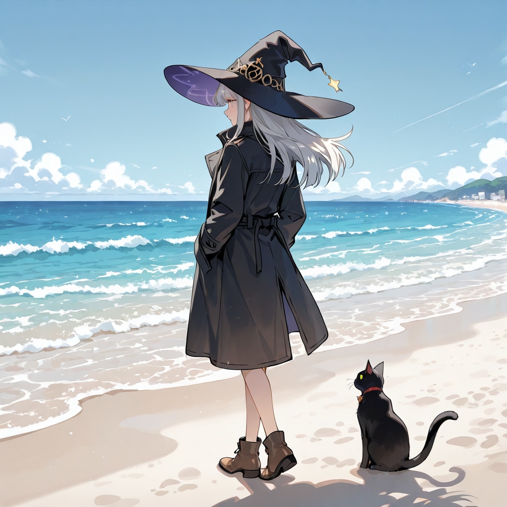 砂浜の魔女と黒猫 | の人気AIイラスト・グラビア
