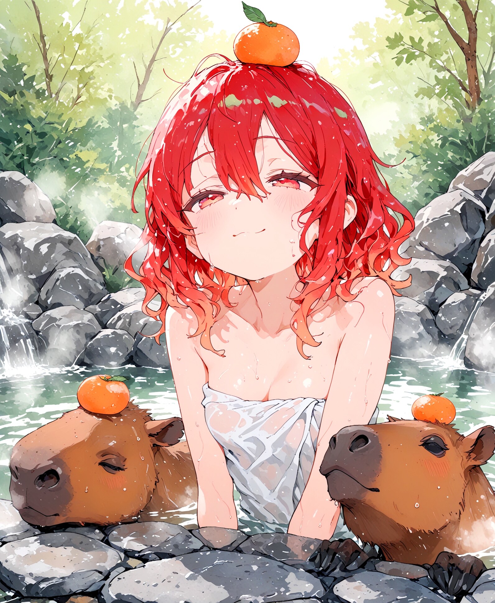 温泉と赤髪少女
