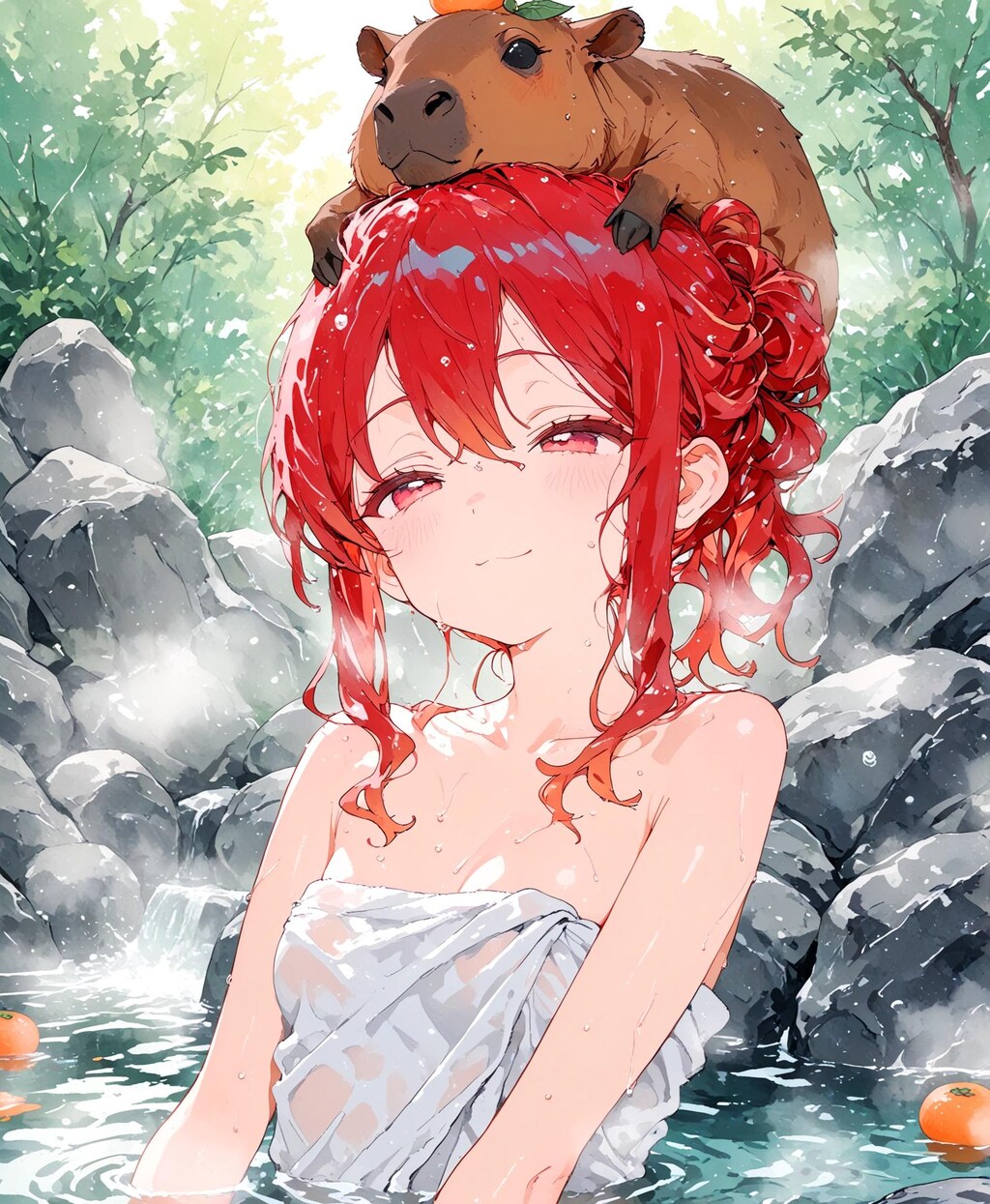 温泉と赤髪少女