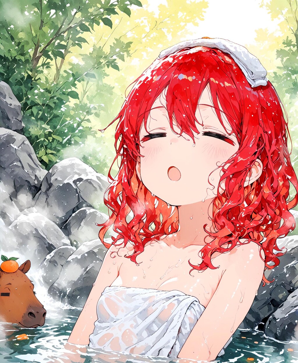 温泉と赤髪少女