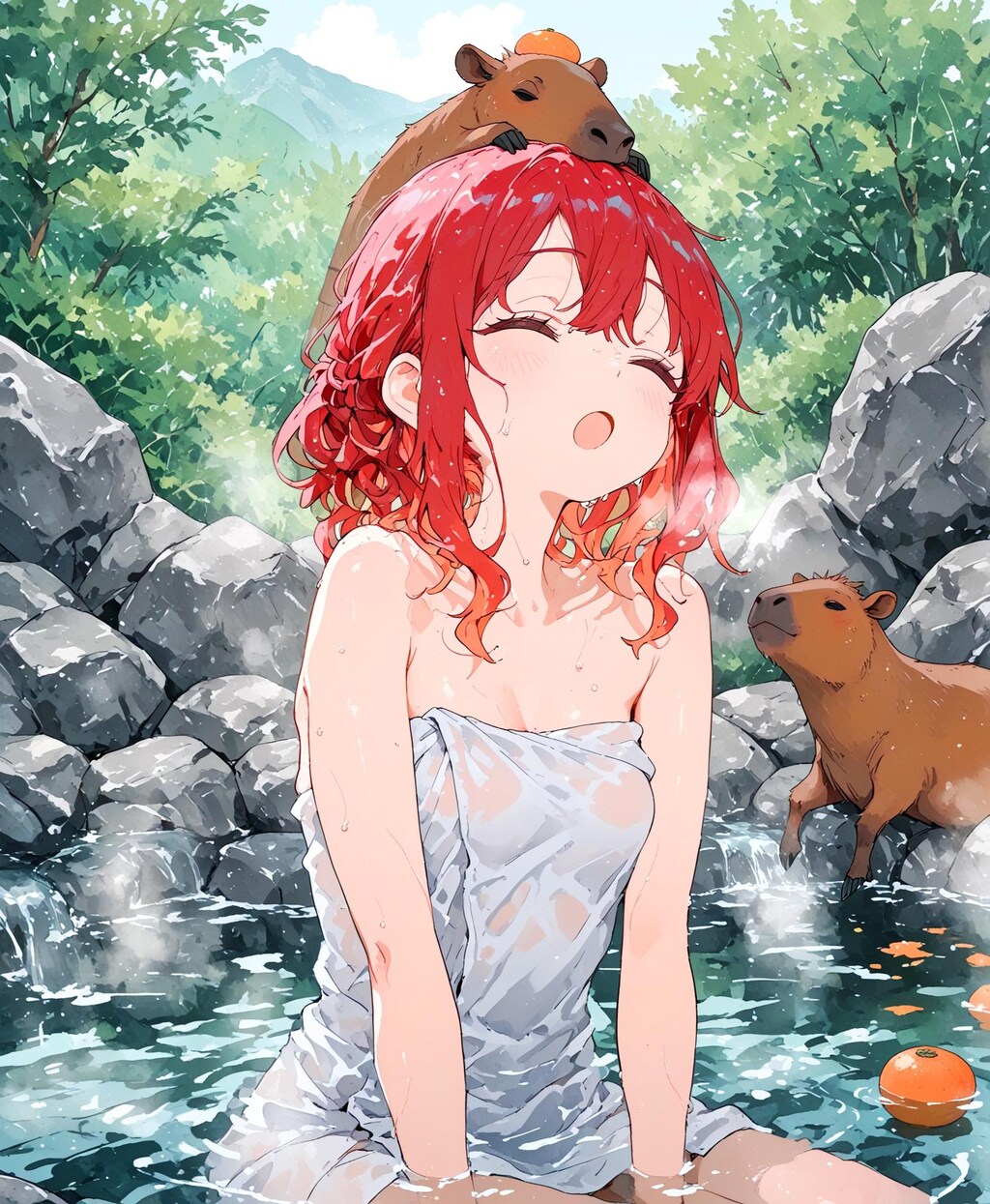 温泉と赤髪少女