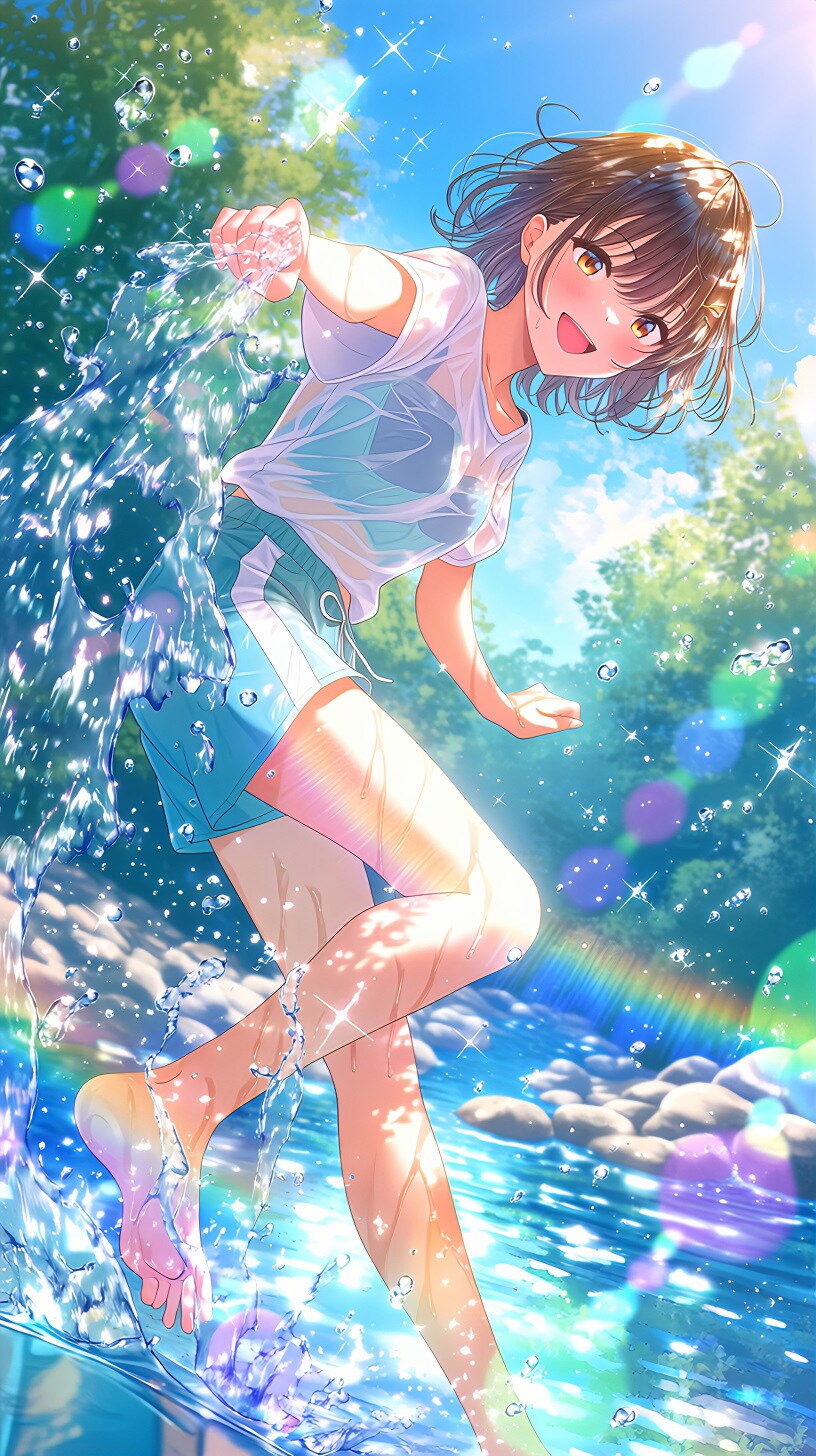 虹の架かる清流で水しぶきを上げる少女