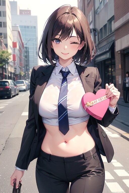 へそ出しスーツOLのバレンタイン