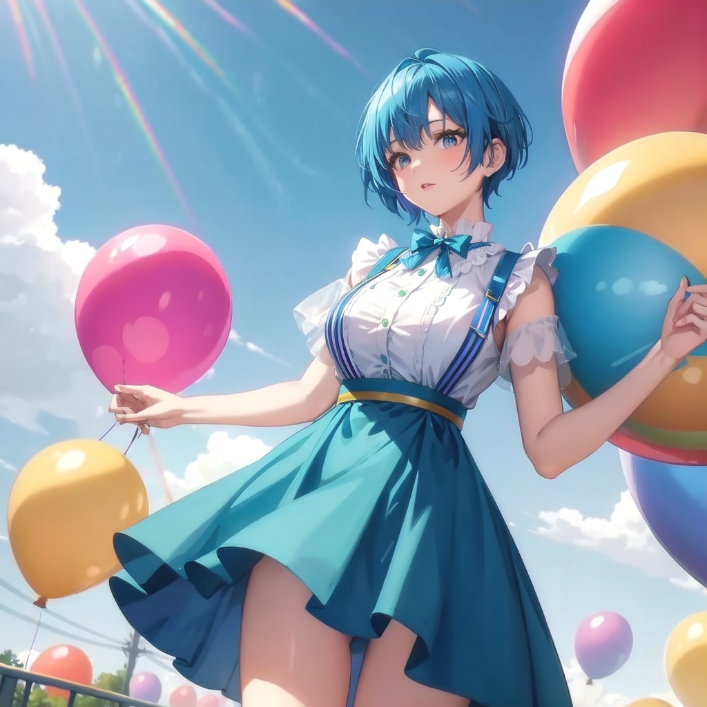 遊園地でいっぱい色とりどりの風船を持つ青い髪ショートカットの美女 | の人気AIイラスト・グラビア