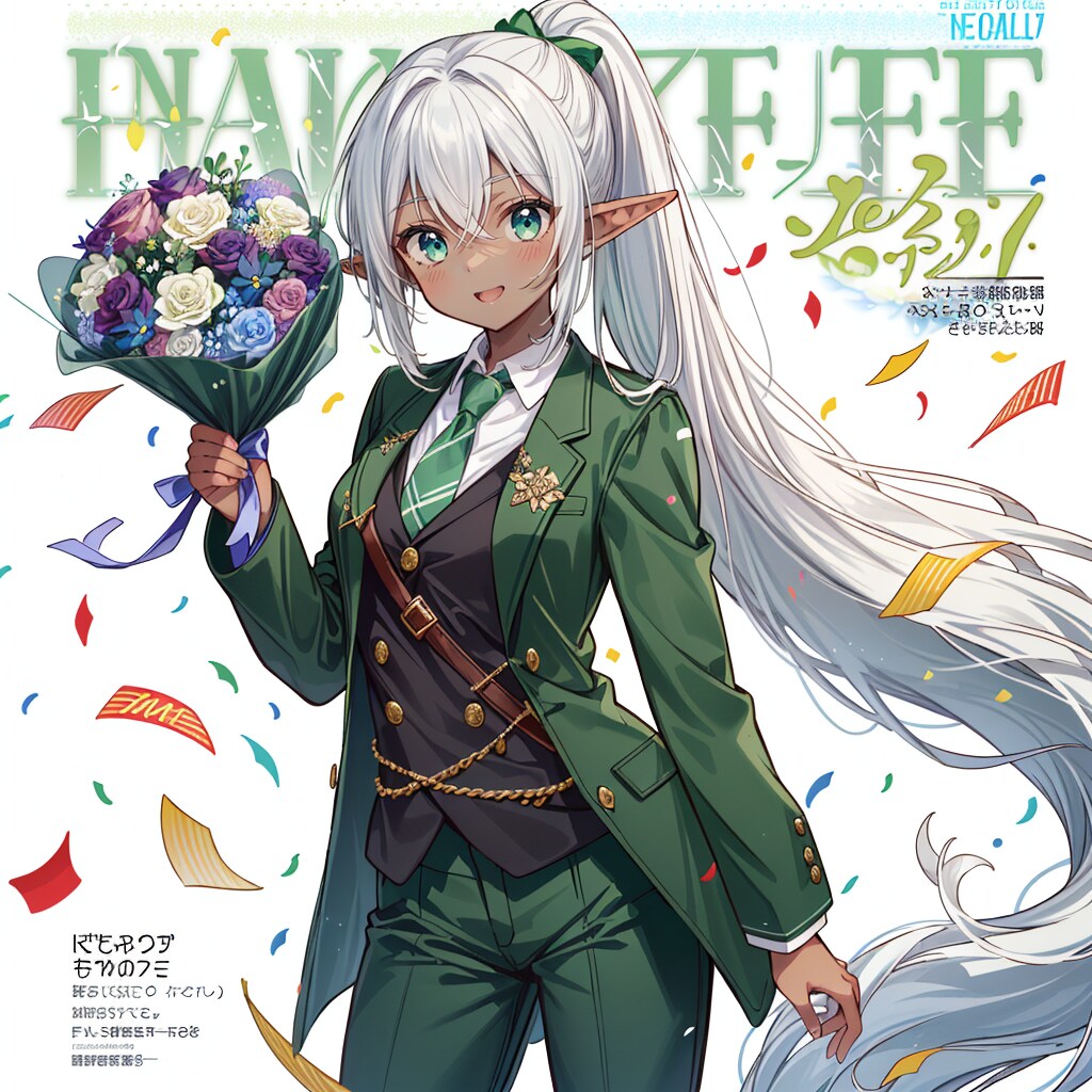 スーツ姿で花束を持つダークエルフ