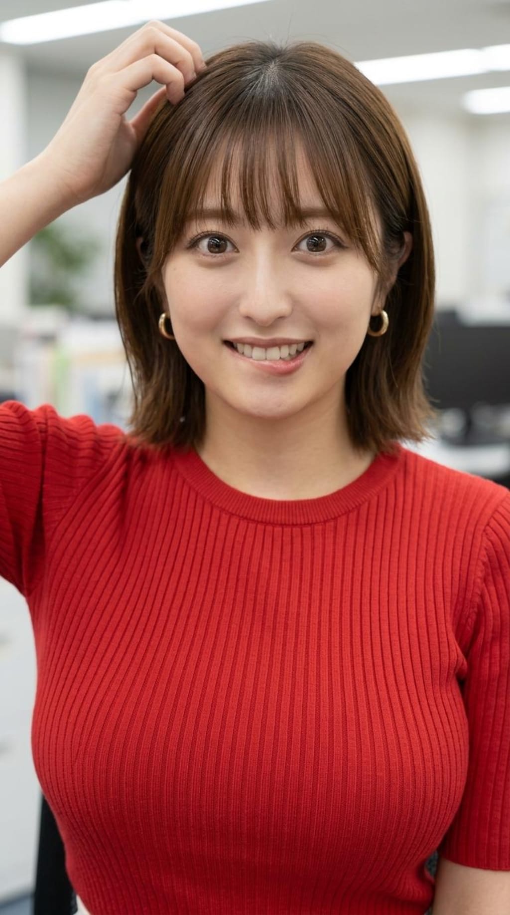 赤いニットの地方アナ