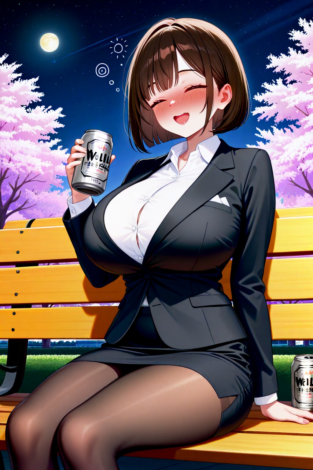 夜桜で花見酒するアキちゃん