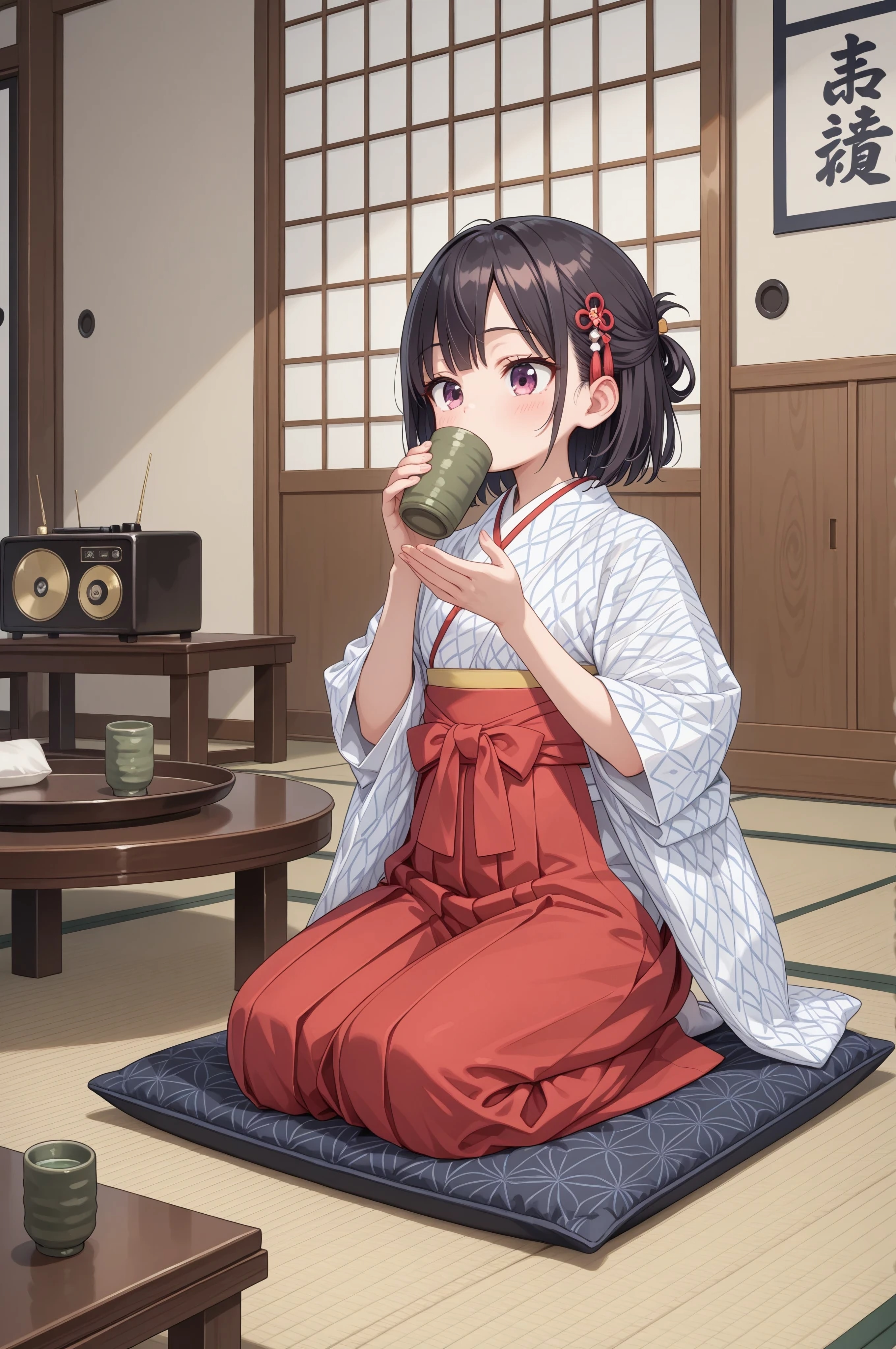 お茶を頂きながらラヂヲを聴く女学生