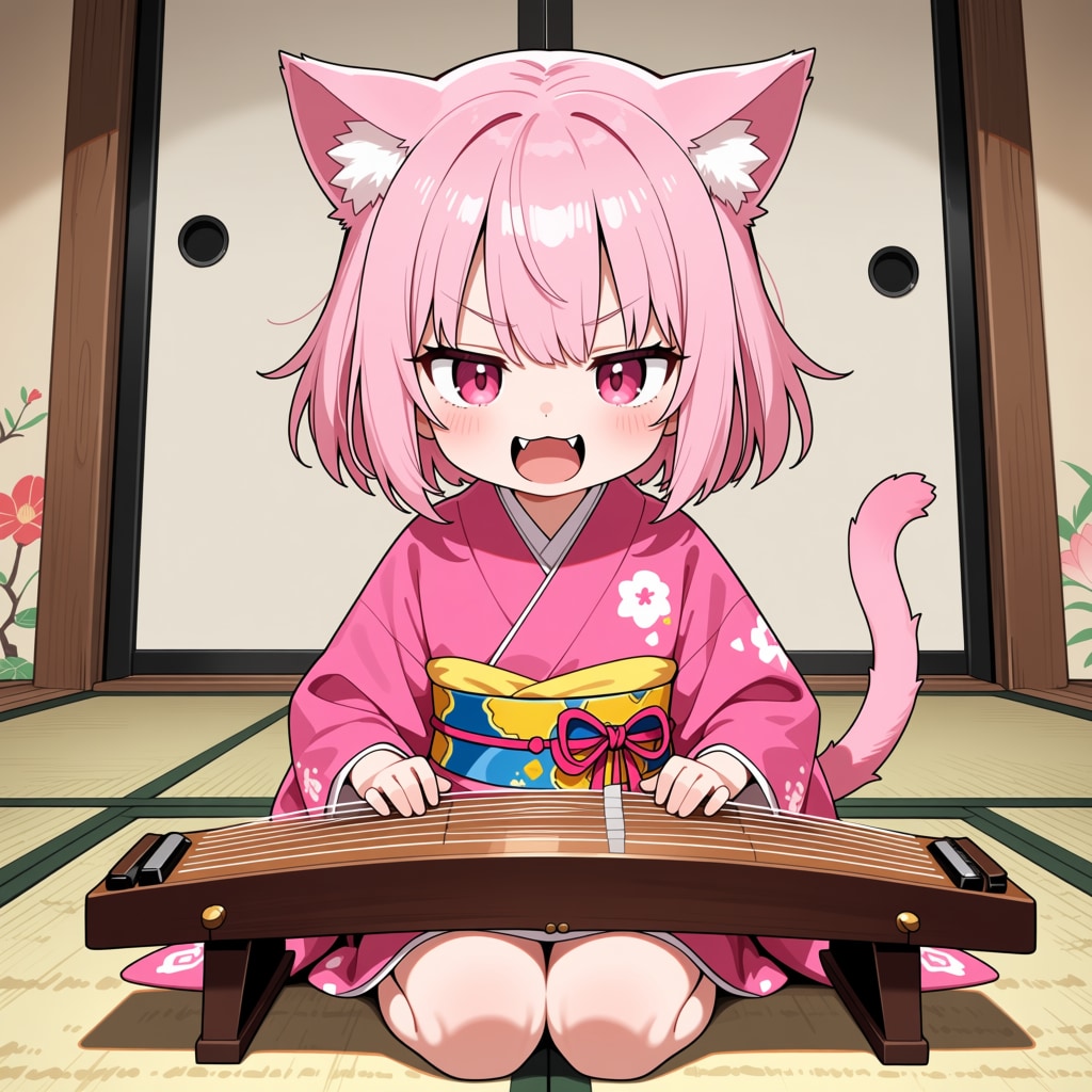 お琴を弾くねこちゃん。