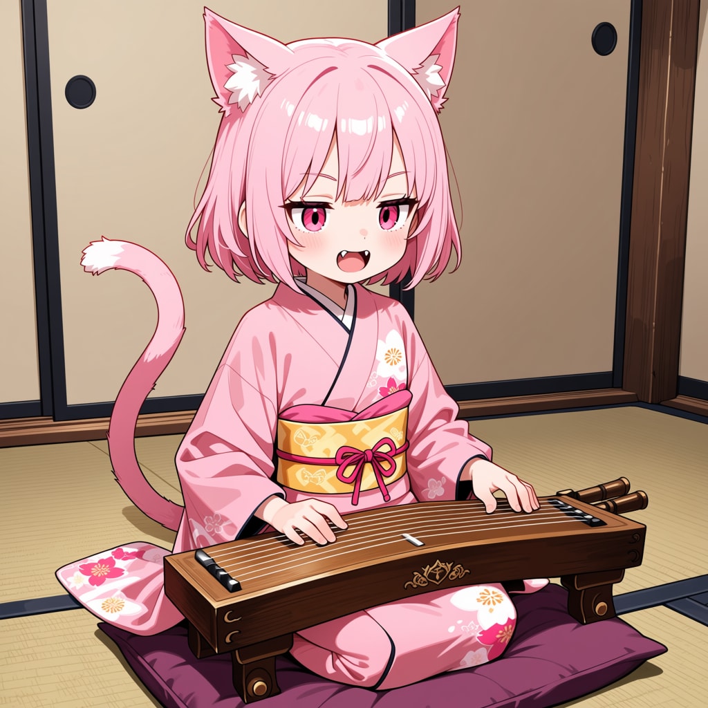お琴を弾くねこちゃん。
