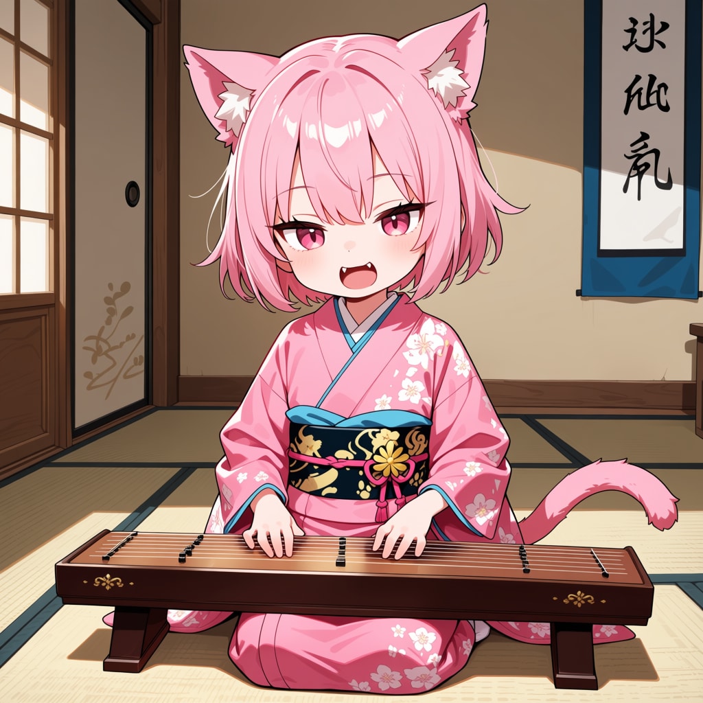 お琴を弾くねこちゃん。