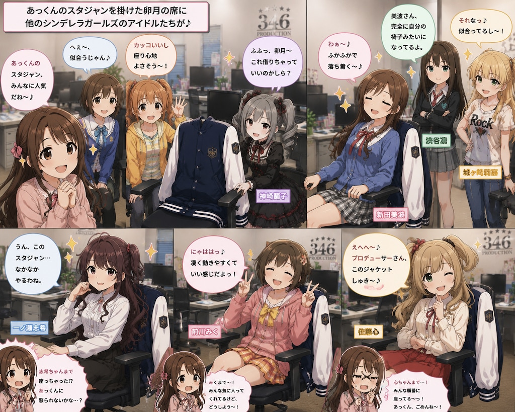 あっくんのスタジャンをお尻に敷く島村卯月と他のシンデレラガールズのアイドルたち