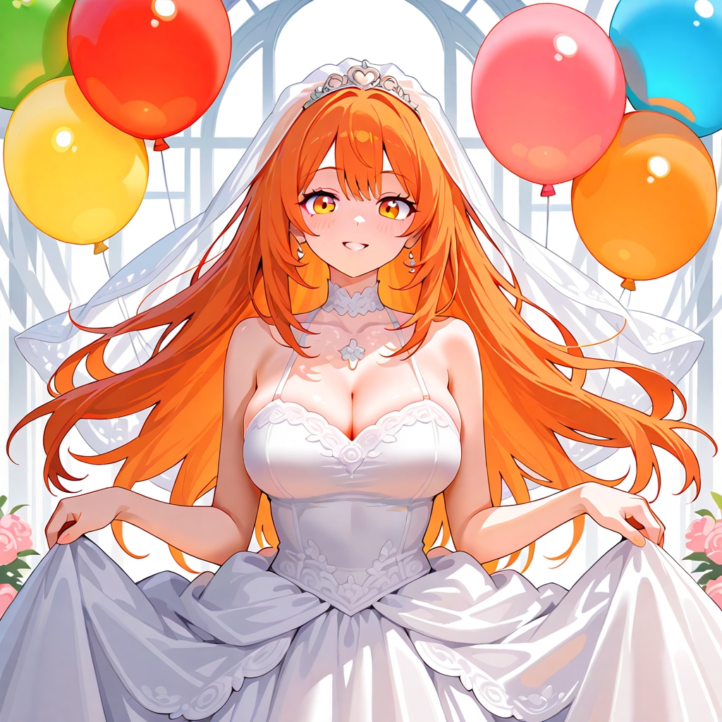 いっぱい色とりどりの風船を持つオレンジ髪ロングのウェディングドレス着た美女