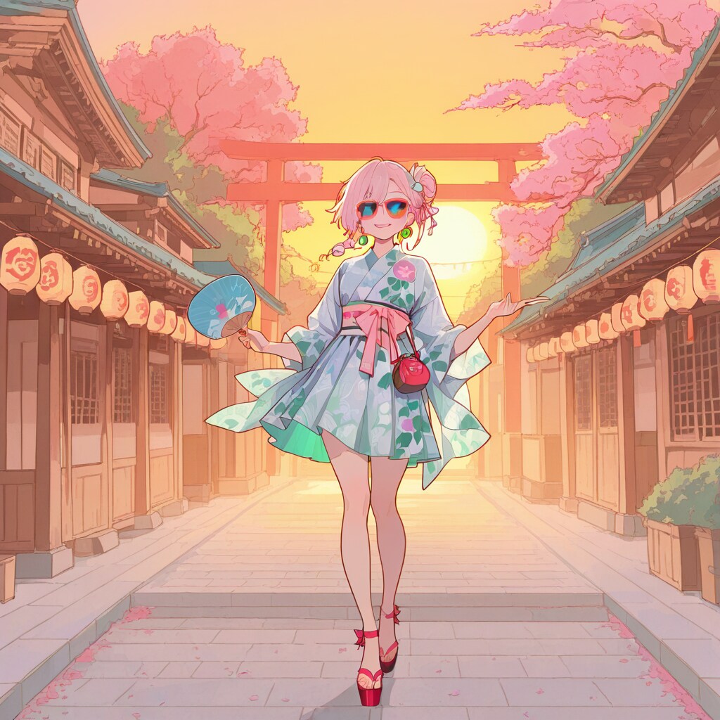 モダン浴衣風ドレスと赤いサングラス