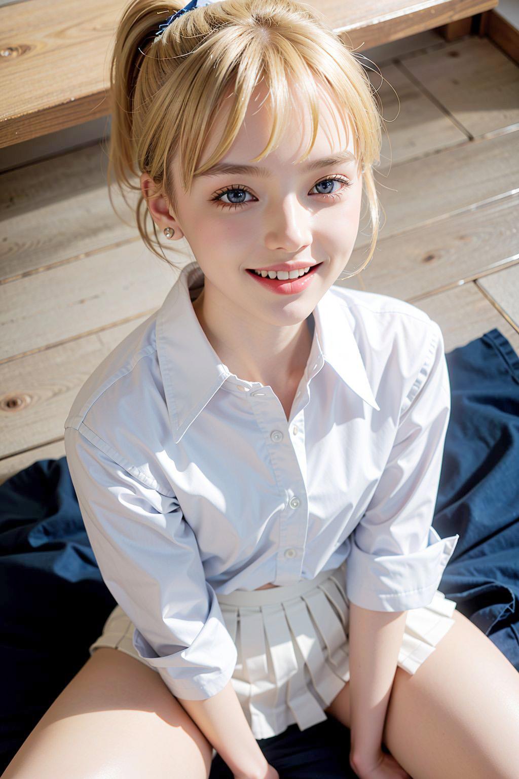 AIイラスト白ギャル貧乳ロリ顔　エロ画像　18歳女子校生海外コスプレイヤー　「お父さん、チンポに座るときは、こんな感じですか？」
