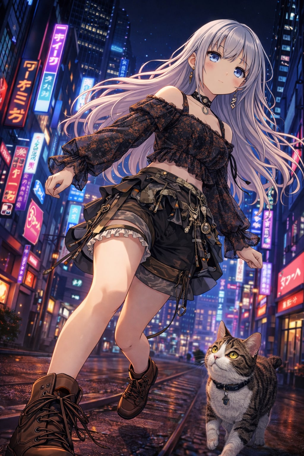 ネオンの街を歩く、きみと猫